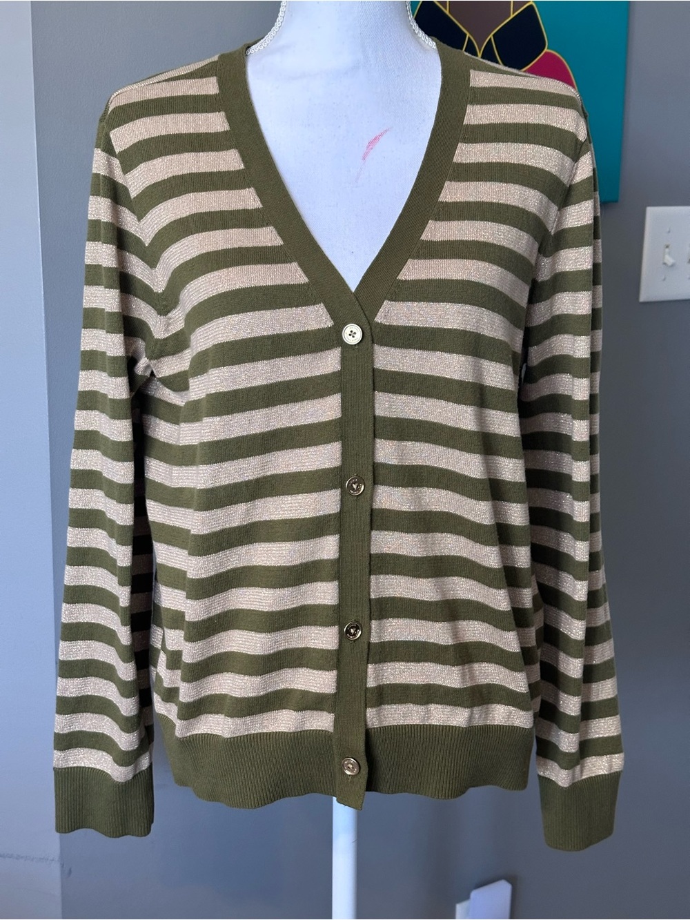 Michael Kors Striped Cardigan Olive Green & Metallic Gold Sweater XL